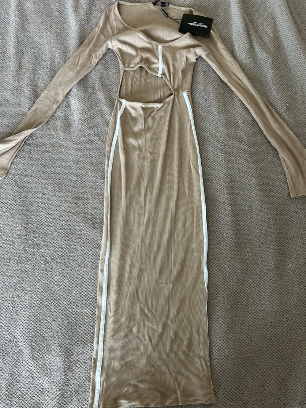 PrettyLittleThing Beige Ribbed Maxi Dress with White Trim
